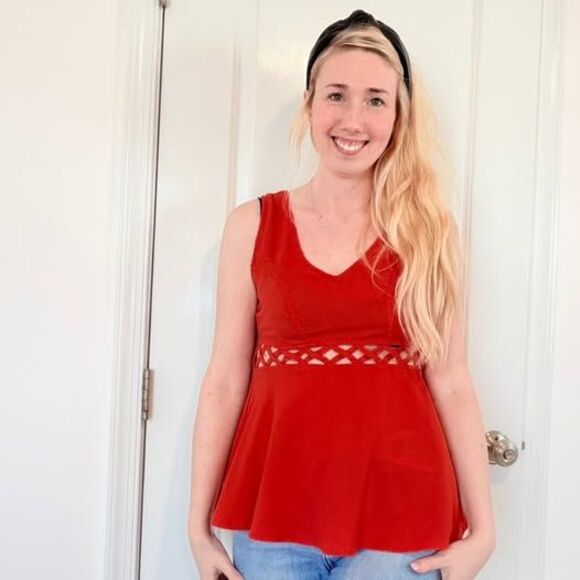 Love Richie Tops - Orange Peplum Top Small Lattice Waist Cutout Flowy Tank